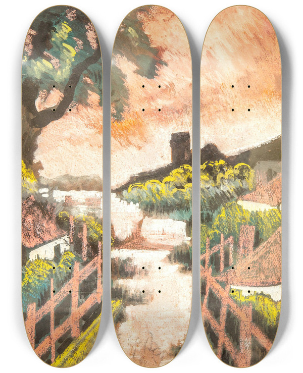 Triptych art skateboard deck of Hugo Scheiber Village Landscape by Hugo Scheiber (1873-1950)