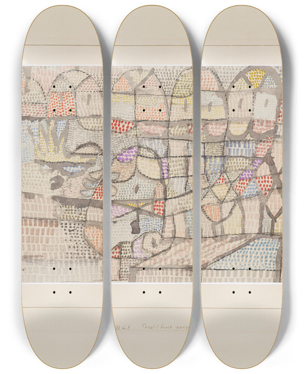 Triptych art skateboard deck of Paul Klee Fruchtbares Geregelt by Paul Klee (1879-1940)