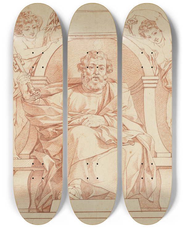 Triptych art skateboard deck of Philipp Jakob Becker Petrus Sitzend by Philipp Jakob Becker
