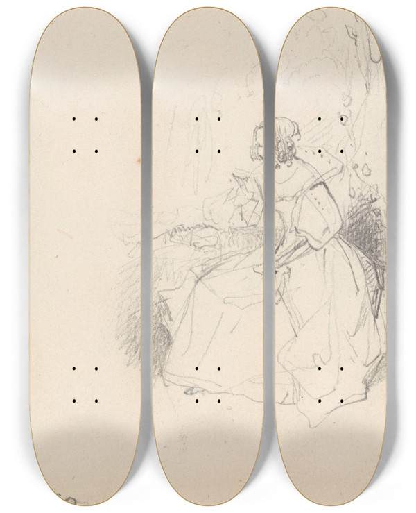 Triptych art skateboard deck of Nicaise De Keyser Woman Reading by Nicaise De Keyser (1813-1887)