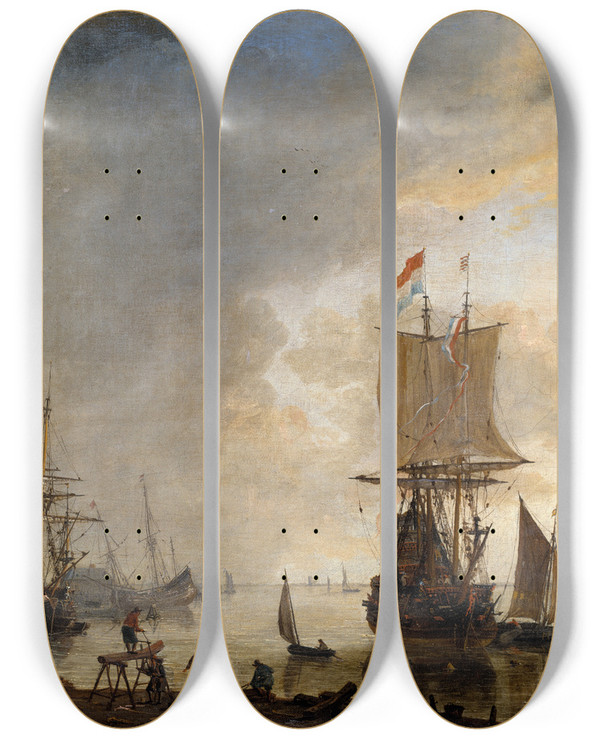 Triptych art skateboard deck of Reinier Nooms The Shipyard In Amsterdam by Reinier Nooms (1623-1667)