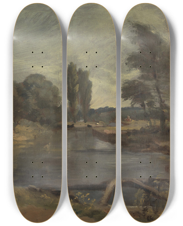 Triptych art skateboard deck of John Constable Flatford Lock by John Constable (1776-1837)