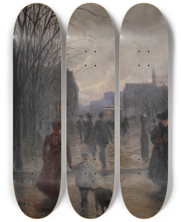 Triptych art skateboard deck of Robert Koehler Rainy Evening On Hennepin Avenue by Robert Koehler (1850-1917)