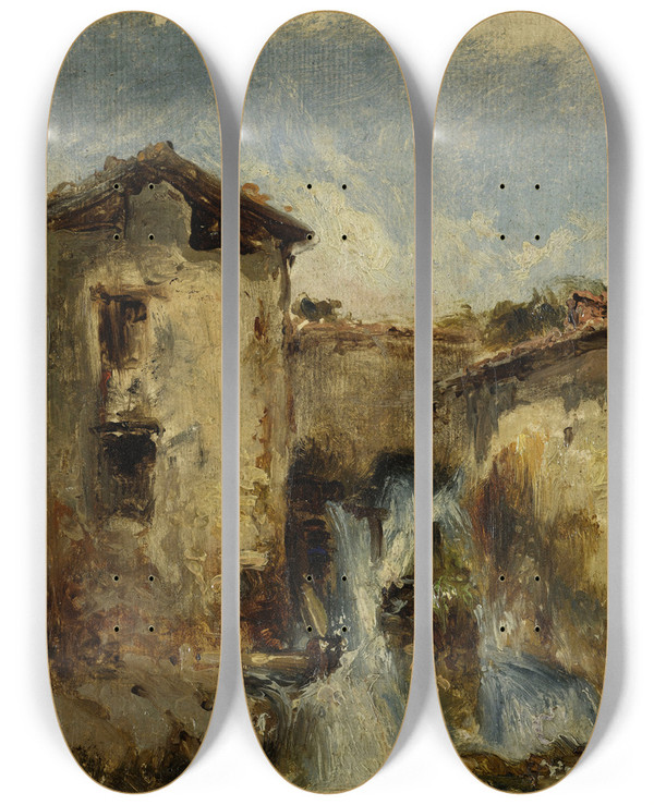 Triptych art skateboard deck of Flix Ziem La Cascade by Felix Ziem (1821-1911)
