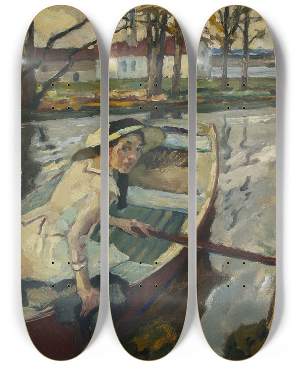 Triptych art skateboard deck of Leo Putz Ruderpause Hartmannsberg by Leo Putz (1869-1940)