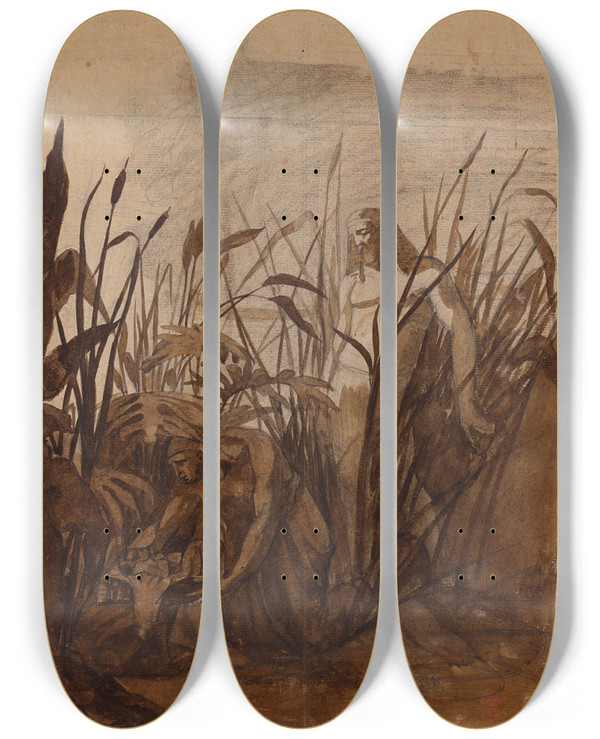 Triptych art skateboard deck of Franoislon Benouville Mose Sauv Des Eaux by Francois Leon Benouville (1821-1859)