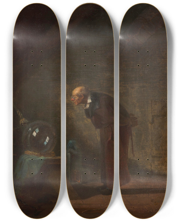 Triptych art skateboard deck of Carl Spitzweg The Alchemist by Carl Spitzweg (1808-1880)