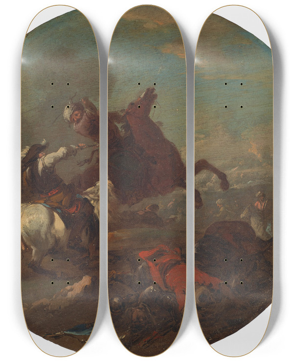 Triptych art skateboard deck of August Querfurt A Battle Scene With Fallen Soldiers by August Querfurt (1696-1761)