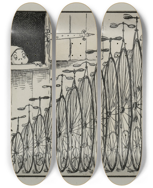 Triptych art skateboard deck of Palmer Cox Brownie With Row Of Bicycles by Palmer Cox (1840-1924)