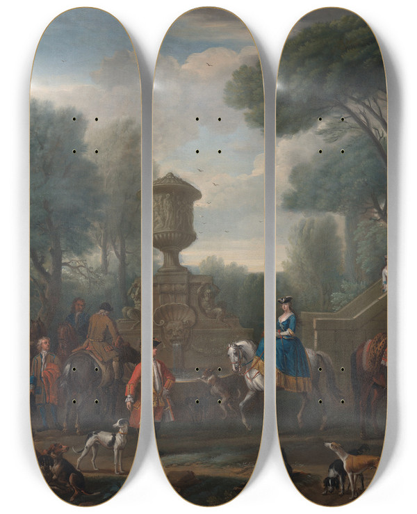 Triptych art skateboard deck of John Wootton Preparing For The Hunt by John Wootton (1686-1765)