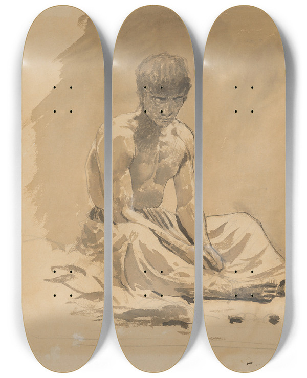 Triptych art skateboard deck of Ladislav Mednynszky Man Sitting Halfnaked by Ladislav Mednyanszky (1852-1919)