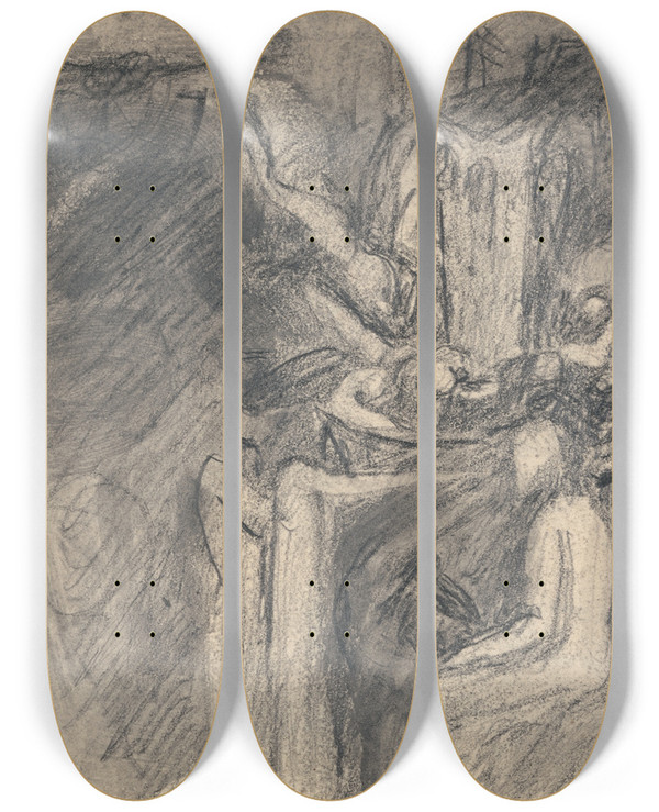 Triptych art skateboard deck of George Romney Fiends For The Temptation Of Christ by George Romney (1734-1802)