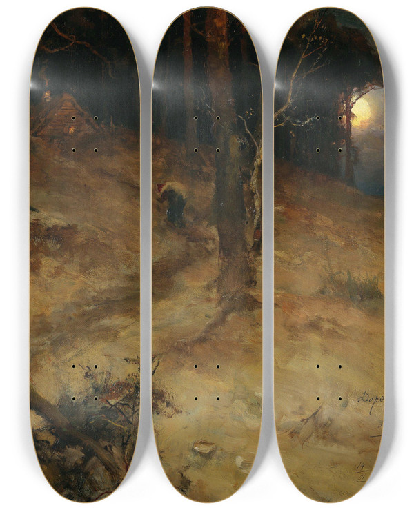 Triptych art skateboard deck of Julius Sergius Klever A Moonlit Night In The Forest by Julius Sergius Klever (1850-1924)