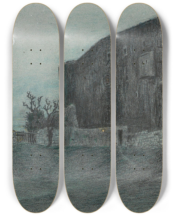 Triptych art skateboard deck of Emilie Medizpelikan A Moonlit Night by Emilie Mediz Pelikan (1861-1908)