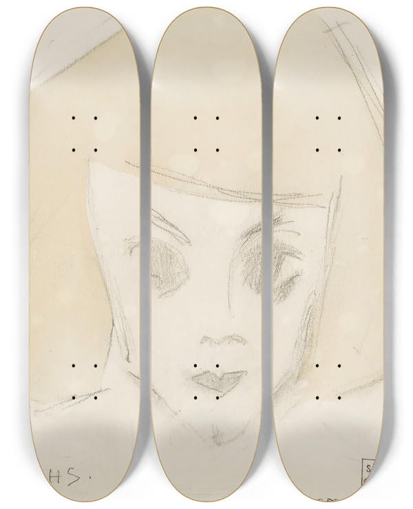 Triptych art skateboard deck of Helene Schjerfbeck Girl With Large Eyes Karin by Helene Schjerfbeck (1862-1946)