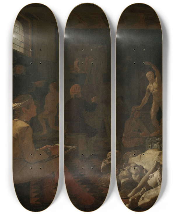 Triptych art skateboard deck of Michael Sweerts A Painters Studio by Michael Sweerts (1618-1664)