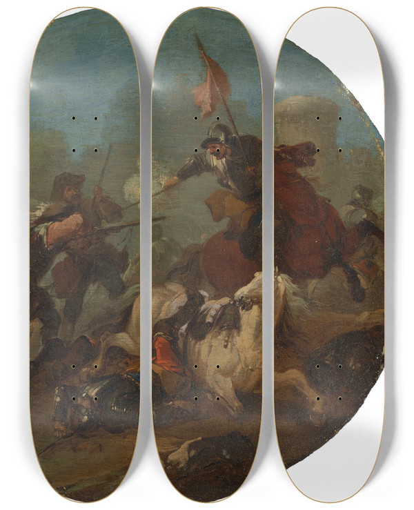 Triptych art skateboard deck of August Querfurt A Battle Scene With A Fallen Horse by August Querfurt (1696-1761)