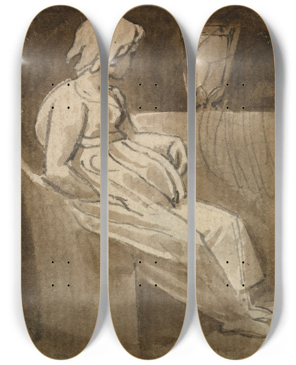 Triptych art skateboard deck of Thomas Stothard Seated Girl By An Urn by Thomas Stothard (1755-1834)