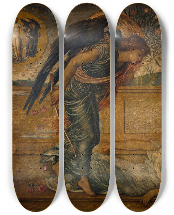 Triptych art skateboard deck of Sir Edward Coley Burnejones Cupid Finding Psyche Asleep By A Fountain by Sir Edward Coley Burne-Jones (1833-1898)