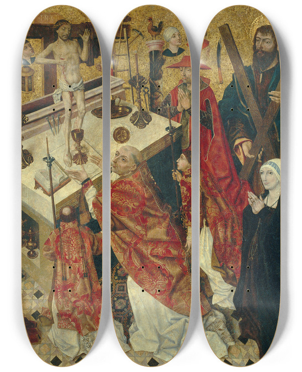 Triptych art skateboard deck of Diego De La Cruz The Mass Of Saint Gregory by Diego de la Cruz (1482-1500)