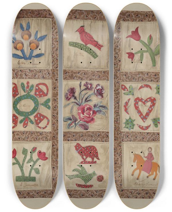 Triptych art skateboard deck of Beverly Chichester Doll Bed Applique Patchwork Quilt by Beverly Chichester (20-)