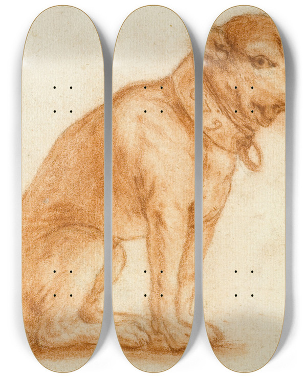Triptych art skateboard deck of Dirk Valkenburg Seated Dog With Collar by Dirk Valkenburg (1675-1721)