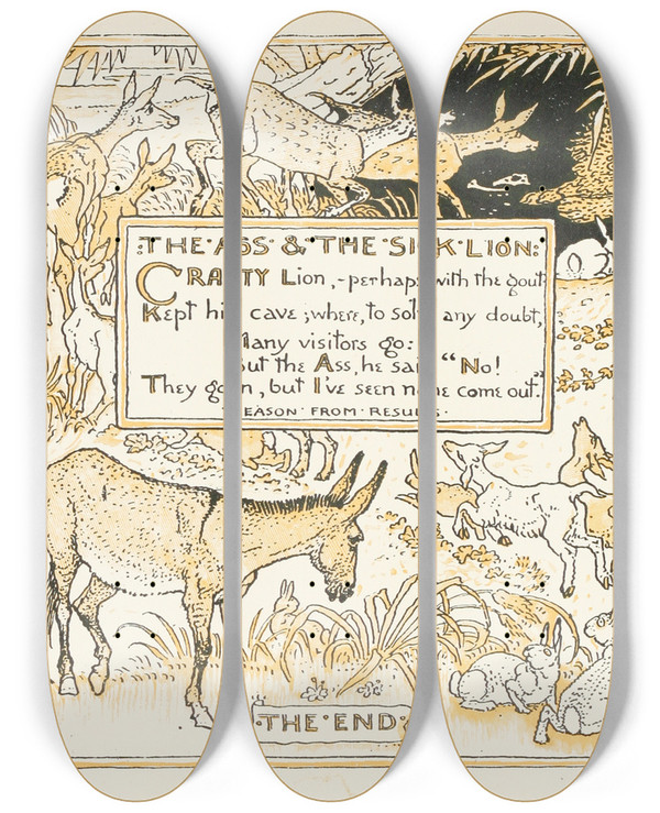 Triptych art skateboard deck of Walter Crane The Ass And The Sick Lion by Walter Crane (1845-1915)