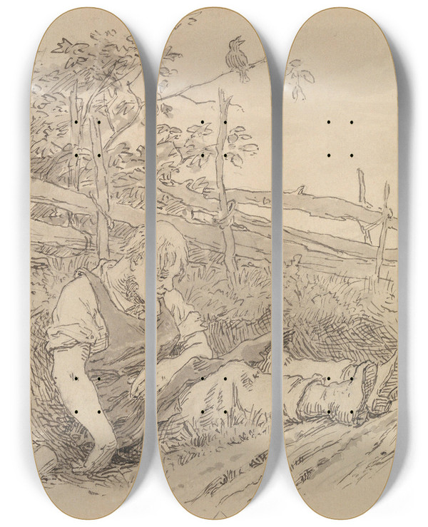 Triptych art skateboard deck of Hans Gude Illustrasjon Til En Aftenstund I Et Proprietrkjkken I P Chr Asbjrnsen Norske Folke Og Huldreeventyr I Udvalg Kjbenhavn 1879 by Hans Gude (1825-1903)