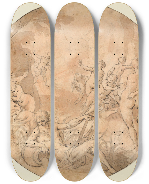 Triptych art skateboard deck of Hans Rottenhammer Diana Surprised At Her Bath by Hans Rottenhammer (1564-1625)