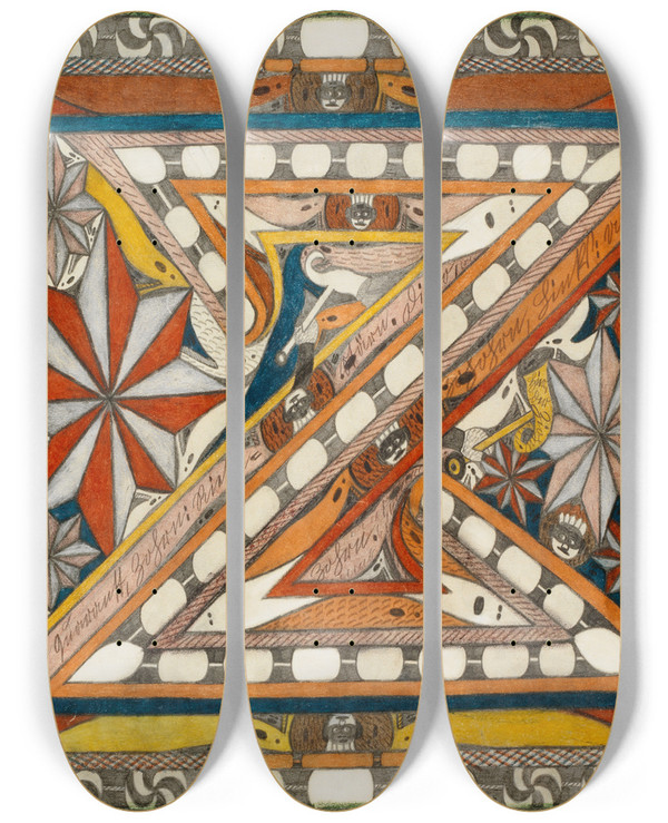Triptych art skateboard deck of Adolf Wlfli Der Quarantt Zohrn Ditto Zohohrn Und Ditto Ziohn Riesenstrne by Adolf Wolfli (1864-1930)