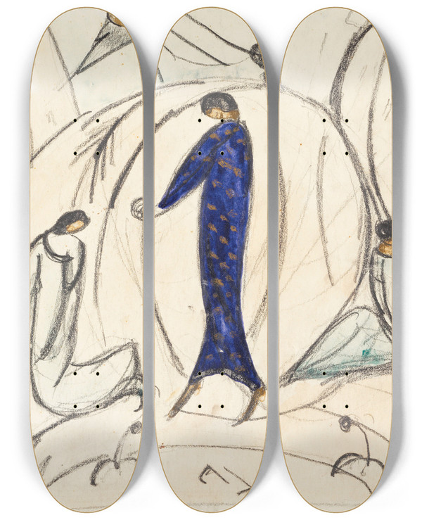 Triptych art skateboard deck of Hermann Stenner Frau In Blau Mit Zwei Begleitern by Hermann Stenner (1891-1914)
