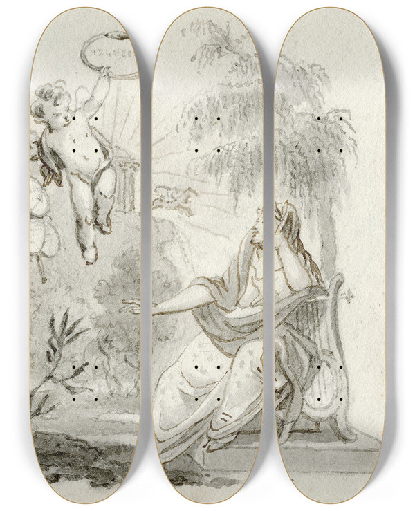 Triptych art skateboard deck of Reinier Vinkeles Titelblad De Lof Voor Helmers by Reinier Vinkeles (1741-1816)