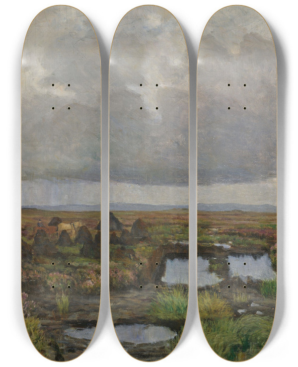 Triptych art skateboard deck of Kitty Kielland Peat Bog On Jren by Kitty Kielland (1843-1914)
