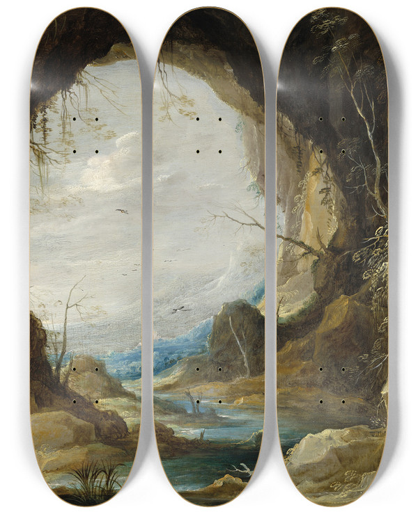 Triptych art skateboard deck of David Teniers The Younger Vista From A Grotto by David Teniers The Younger (1610-1690)