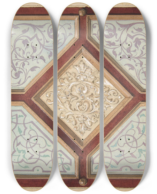 Triptych art skateboard deck of Julesedmondcharles Lachaise Design For A Coffered Ceiling With Alternative Decorative Patterns by Jules-Edmond-Charles Lachaise (1897)