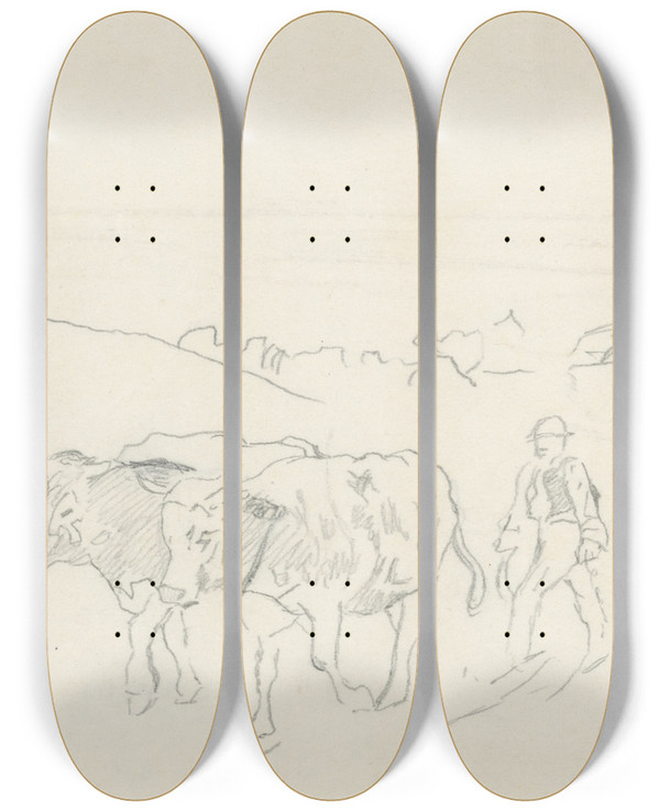 Triptych art skateboard deck of Gustv Mall From The Fields by Gustav Mally (1879-1952)