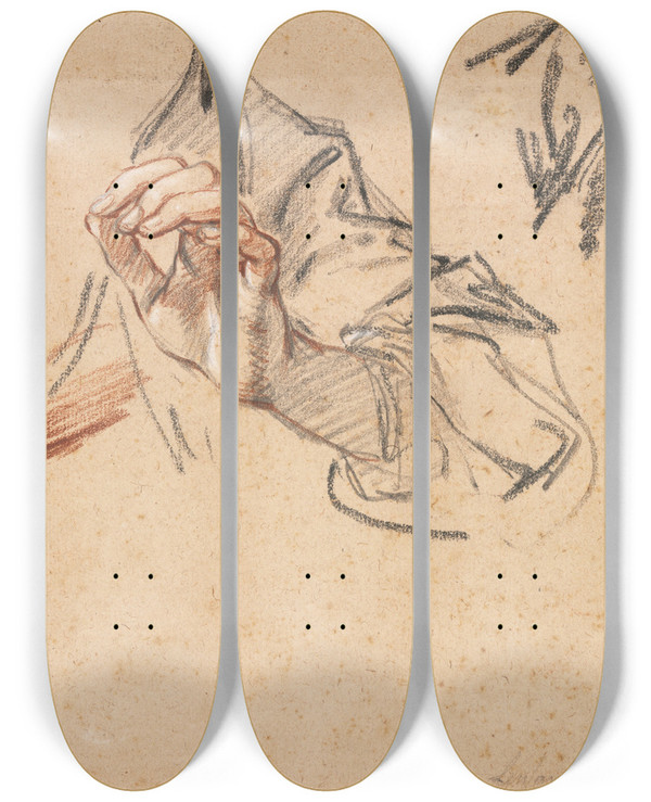 Triptych art skateboard deck of Pierre Lenfant Study Of Hands by Pierre Lenfant (1704-1787)