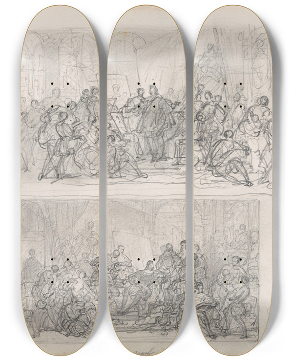 Triptych art skateboard deck of Nicaise De Keyser The School Of Raphael by Nicaise De Keyser (1813-1887)