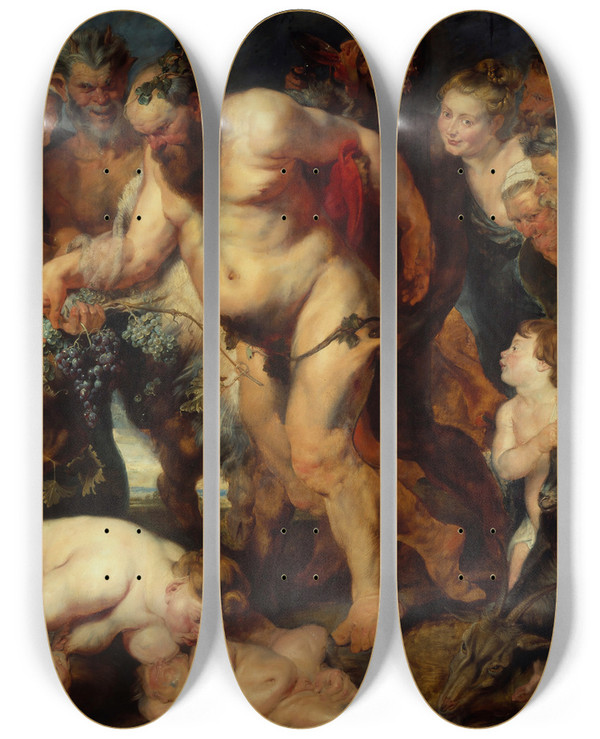 Triptych art skateboard deck of Peter Paul Rubens The Drunken Silenus by Peter Paul Rubens (1577-1640)