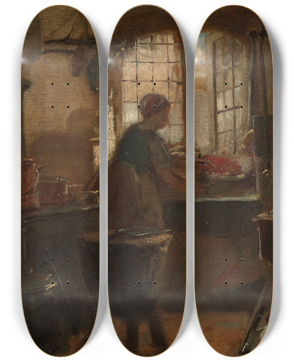 Triptych art skateboard deck of Matthijs Maris Kitchen by Matthijs Maris (1839-1917)