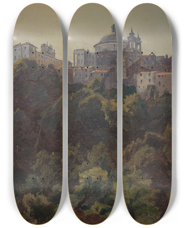 Triptych art skateboard deck of Thorald Lsse View Towards Ariccia And The Palazzo Chigi And S Maria Dellassunzione Italy by Thorald Laessoe (1816-1878)
