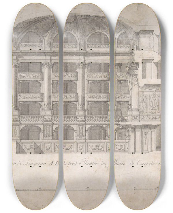 Triptych art skateboard deck of Luigi Vanvitelli Longitudinal Section Of The Small Theater In The Palace At Caserta by Luigi Vanvitelli (1700-1773)