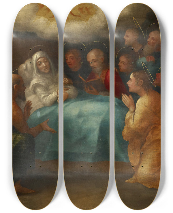 Triptych art skateboard deck of Giovanni Francesco Caroto Death Of The Virgin by Giovanni Francesco Caroto (1480-1555)