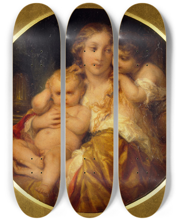 Triptych art skateboard deck of Paul Delaroche Mother And Children by Paul Delaroche (1797-1856)