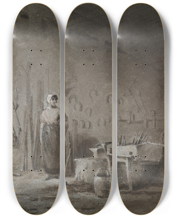 Triptych art skateboard deck of George Jones Interior Of A Blacksmiths Forge by George Jones (1786-1869)