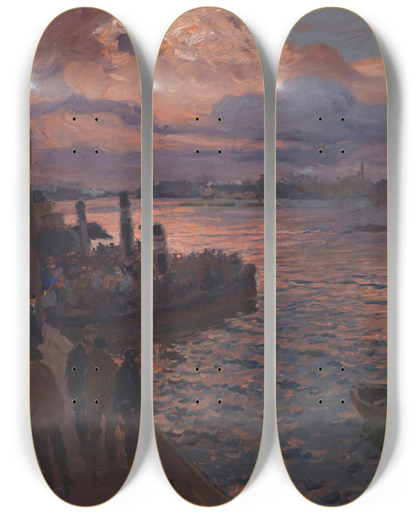 Triptych art skateboard deck of Friedrich Kallmorgen Hamburger Hafen Im Abendlicht by Friedrich Kallmorgen (1856-1924)