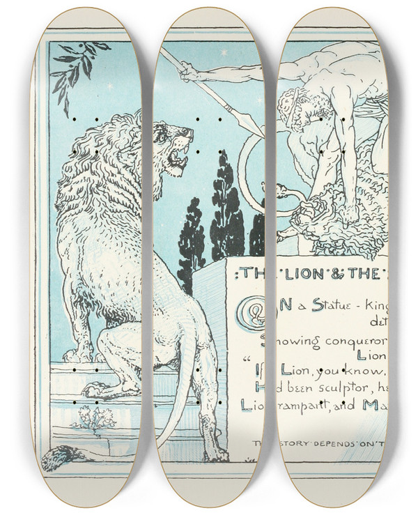 Triptych art skateboard deck of Walter Crane The Lion And The Statue by Walter Crane (1845-1915)