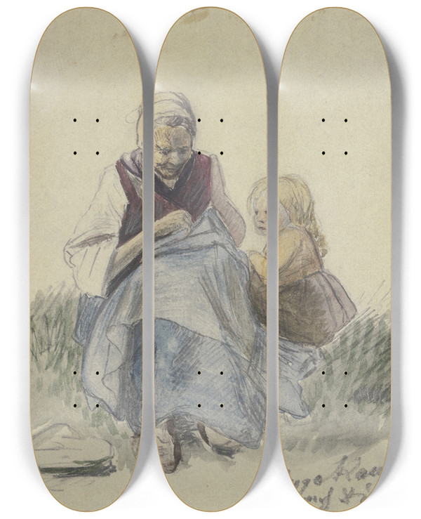 Triptych art skateboard deck of Hugo Kauffmann Gromutter Nhend Und Kind by Hugo Kauffmann (1844-1915)