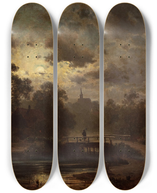 Triptych art skateboard deck of Jules Dupr Landscape By Moonlight by Jules Dupre (1811-1889)