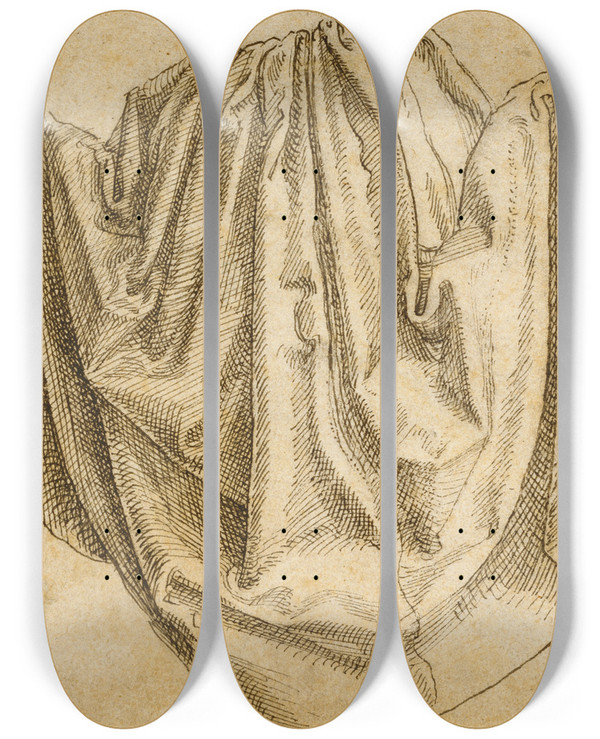 Triptych art skateboard deck of Hans Brosamer Study Of A Hanging Drapery by Hans Brosamer (1495-1554)